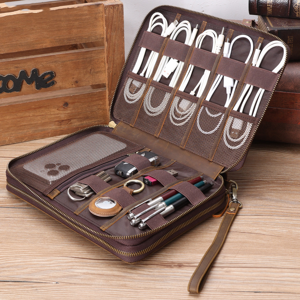 Travel Organizer Men - Full Grain Leather Travel Cable Accessories